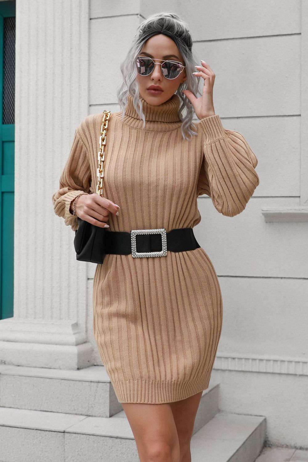 Ribbed Turtle Neck Long Sleeve Mini Sweater Dress Camel