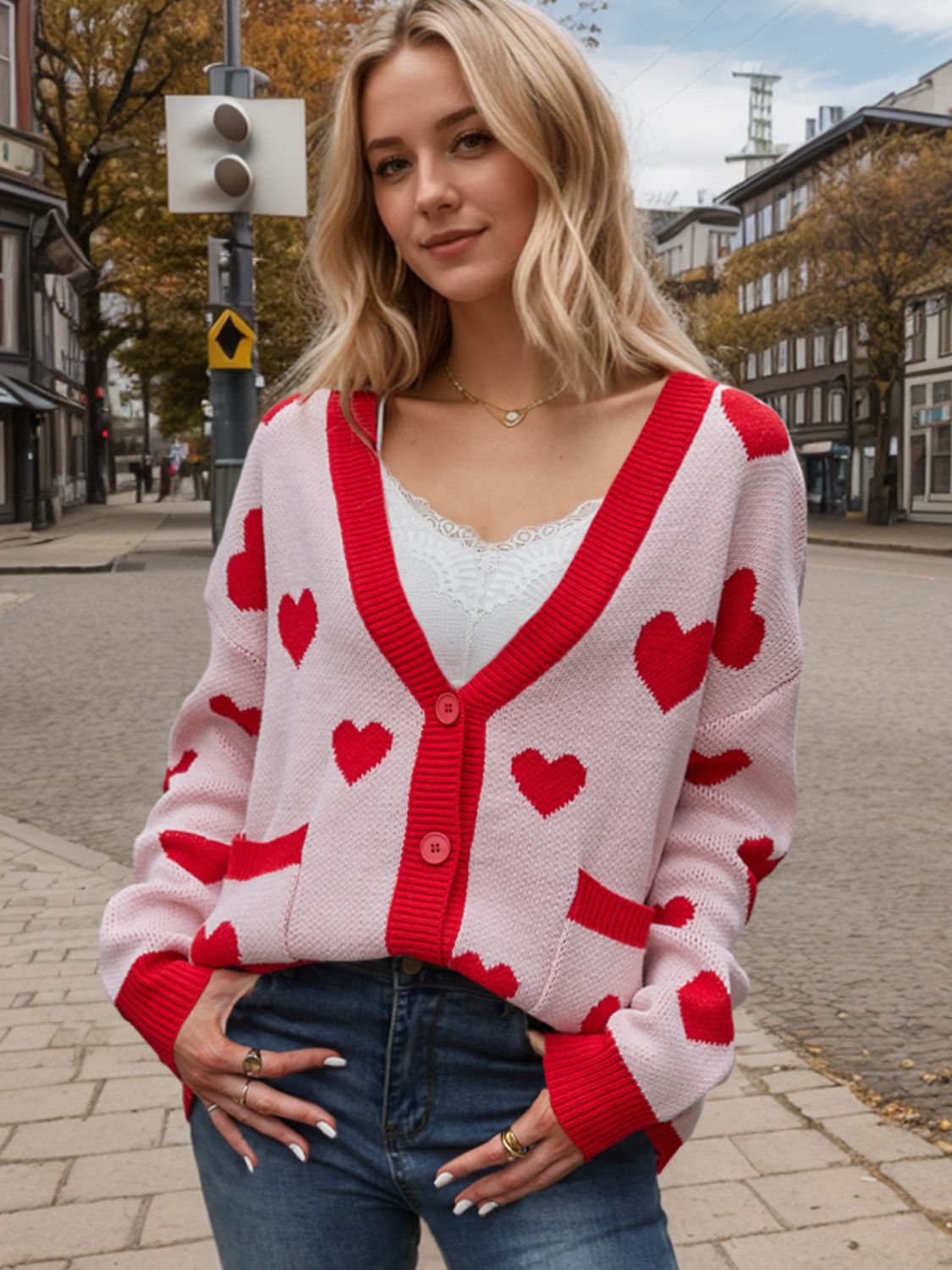 Heart Button Up Dropped Shoulder Long Sleeve Cardigan Blush Pink