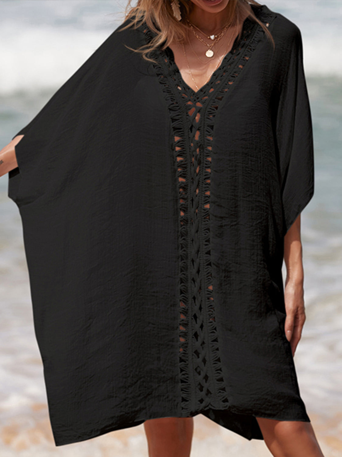 Cutout V-Neck Three-Quarter Sleeve Cover Up