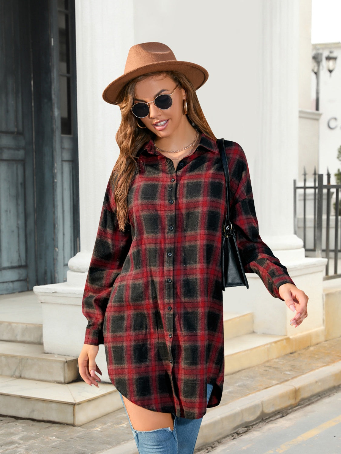 Plaid Button Up Dropped Shoulder Shirt - Thandynie