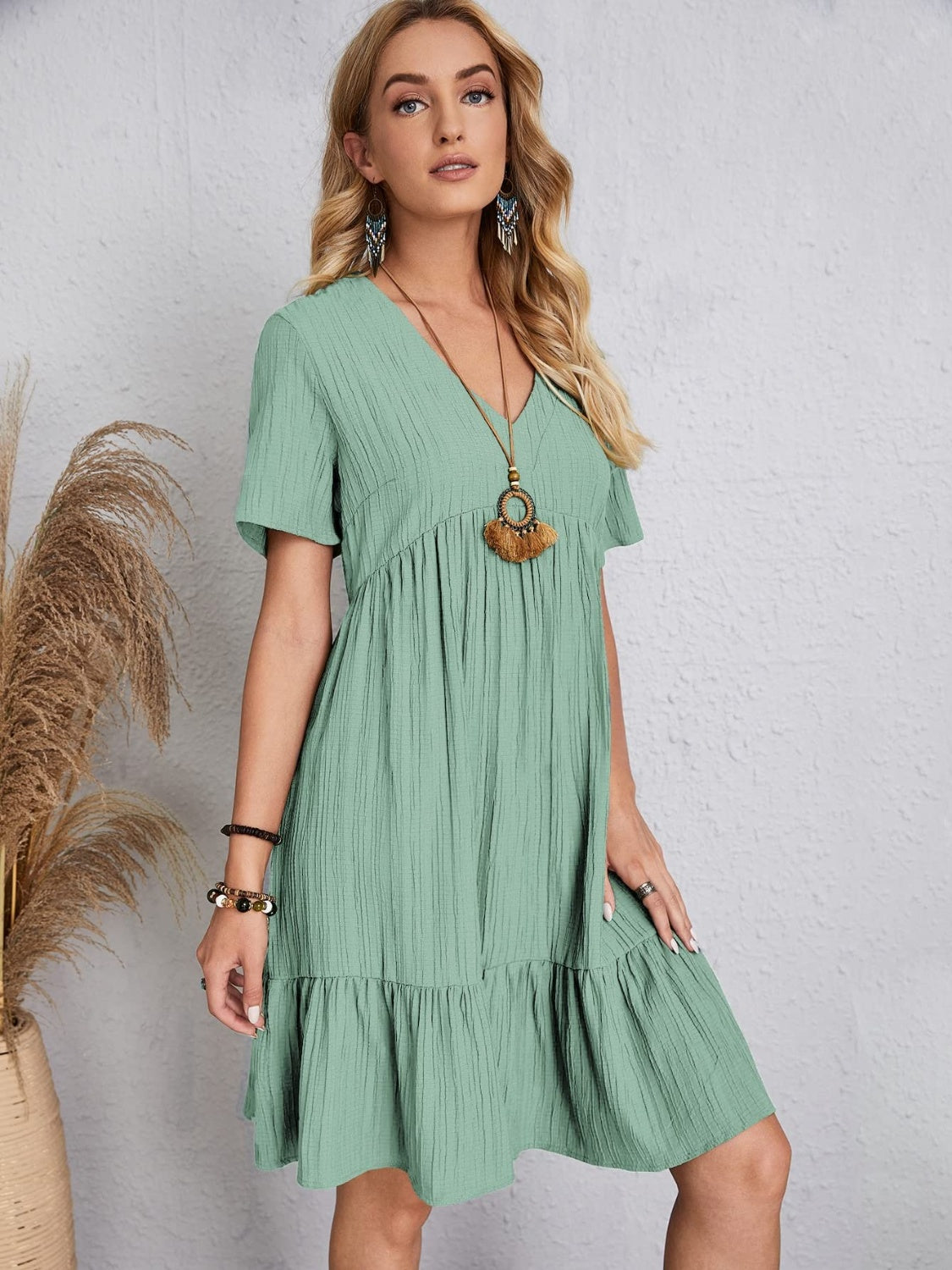 Full Size V-Neck Short Sleeve Dress Light Green