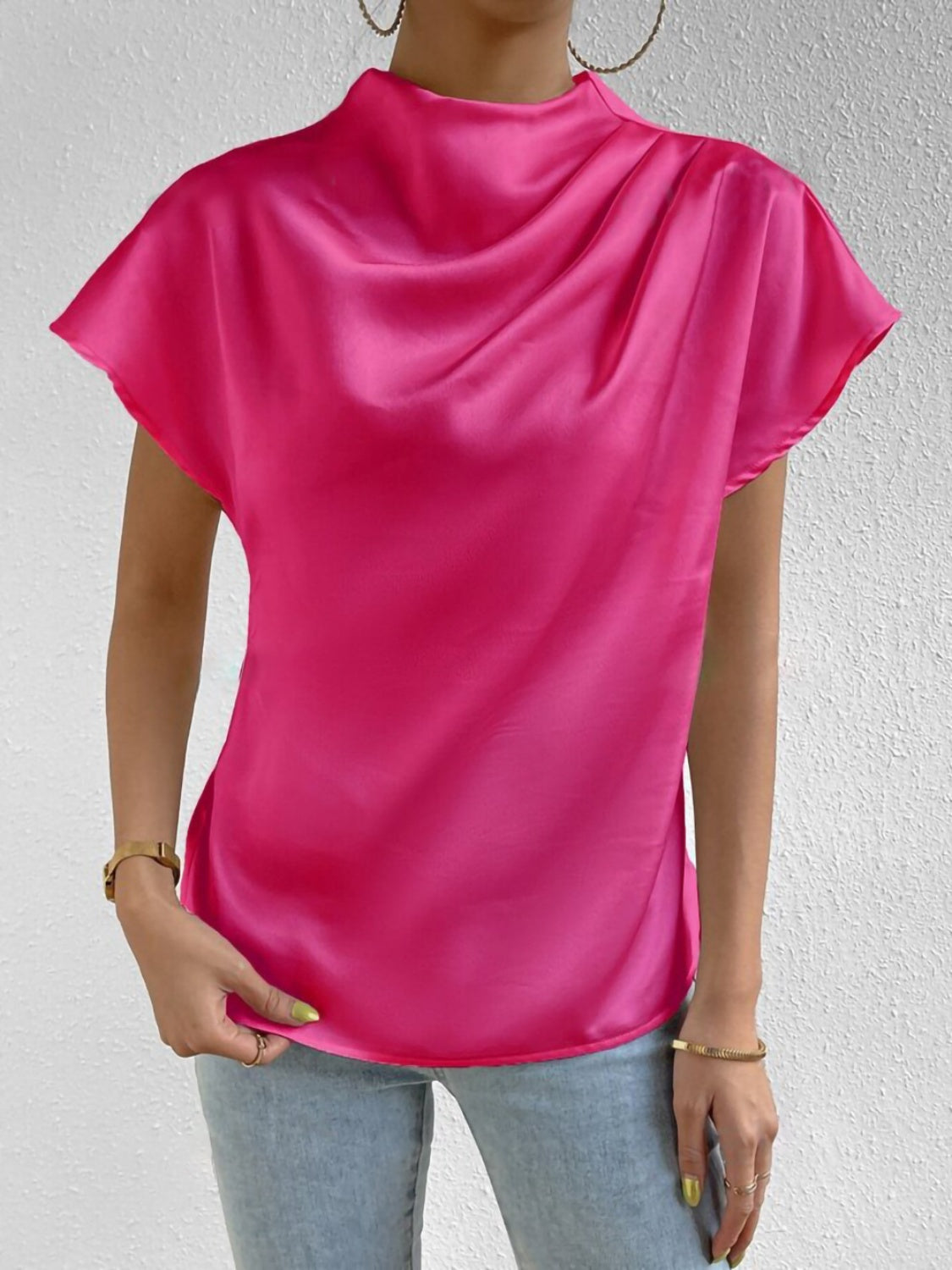 Ruched Mock Neck Short Sleeve Blouse Hot Pink