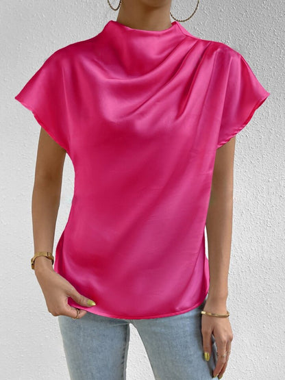 Ruched Mock Neck Short Sleeve Blouse Hot Pink