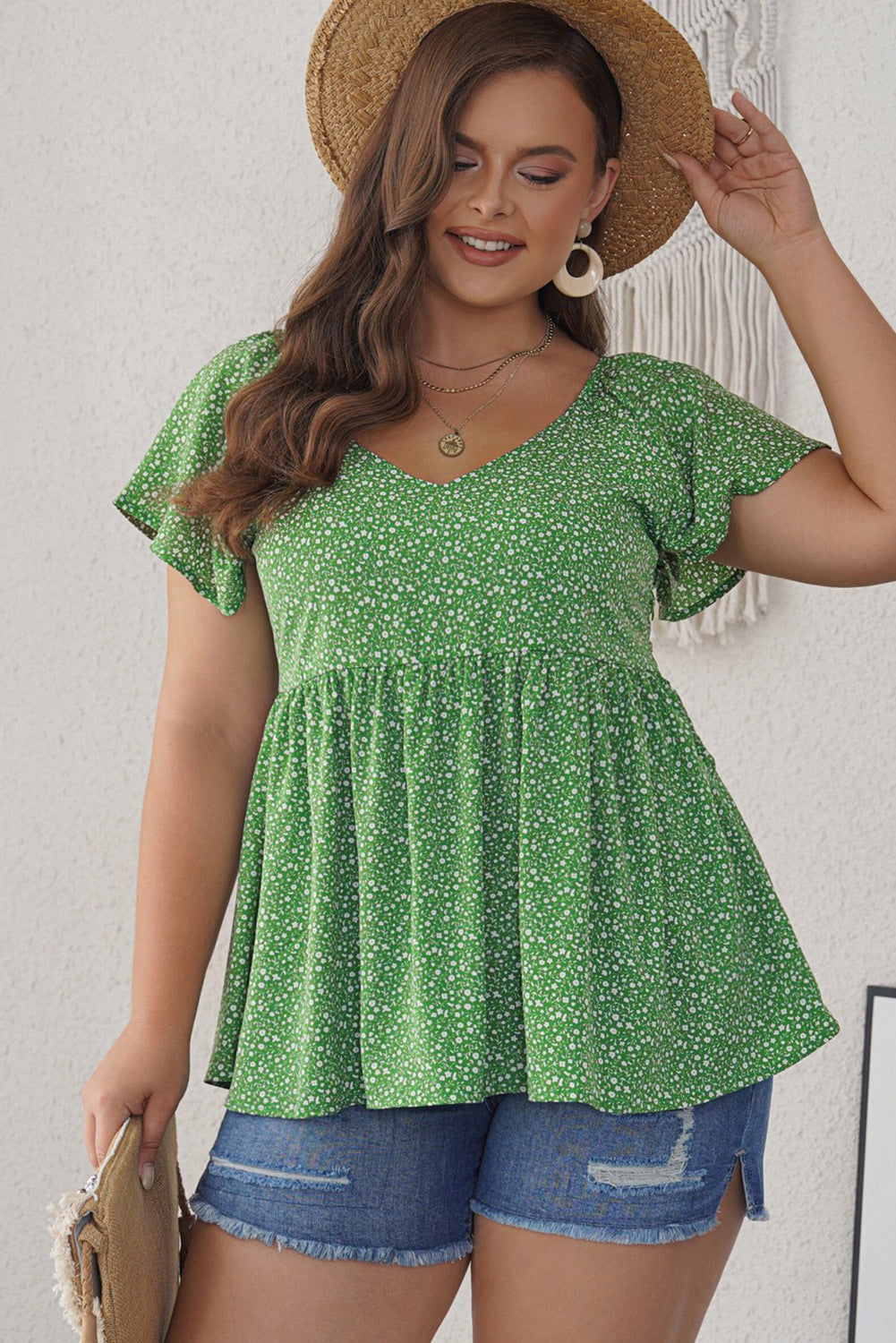 Ditsy Floral Flutter Sleeve Peplum Blouse Green