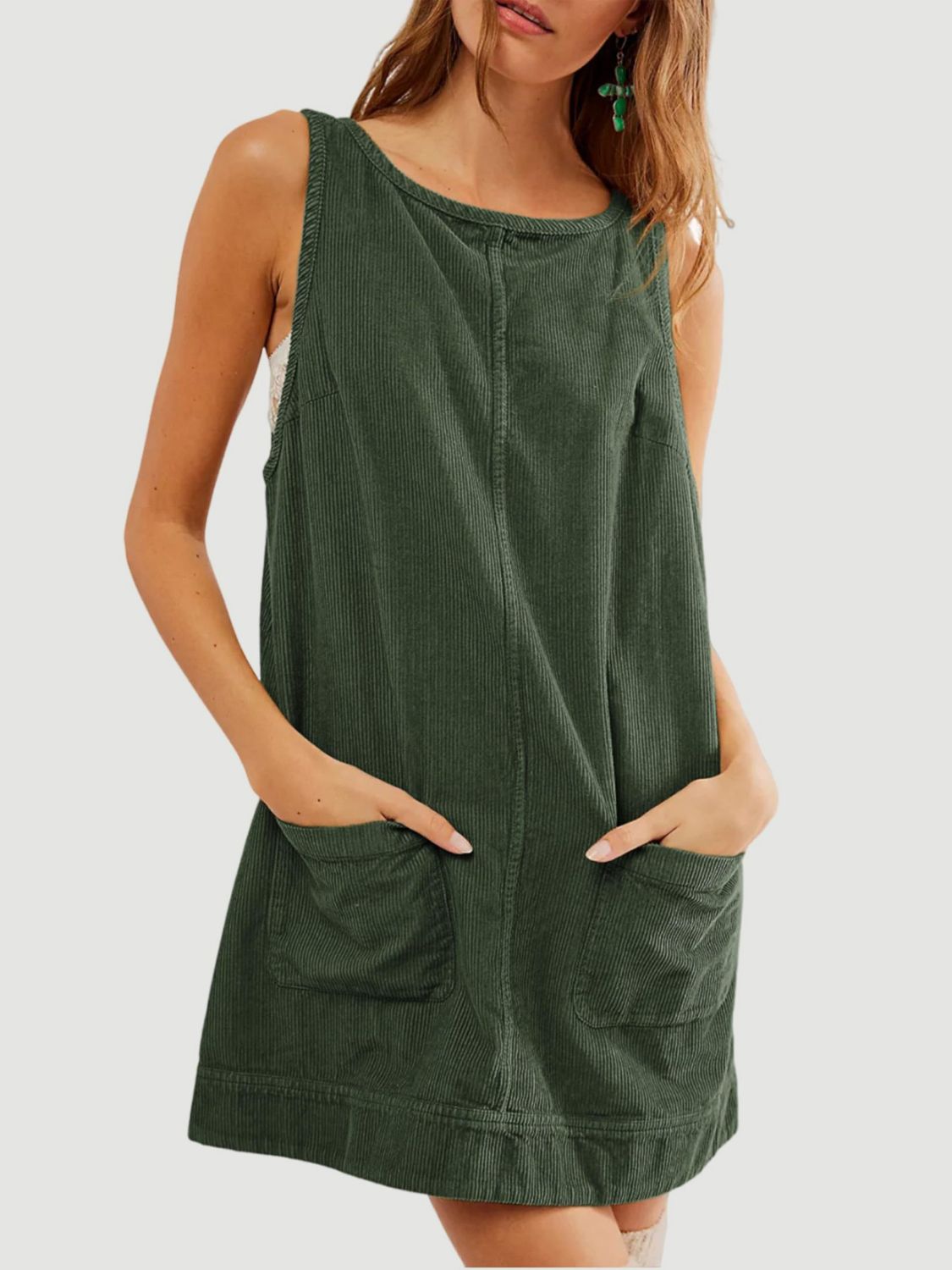 Mandy Round Neck Wide Strap Mini Dress with Pockets Dark Green