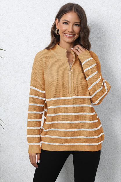 Mock Neck Long Sleeve Zip-Up Sweater Tangerine One Size