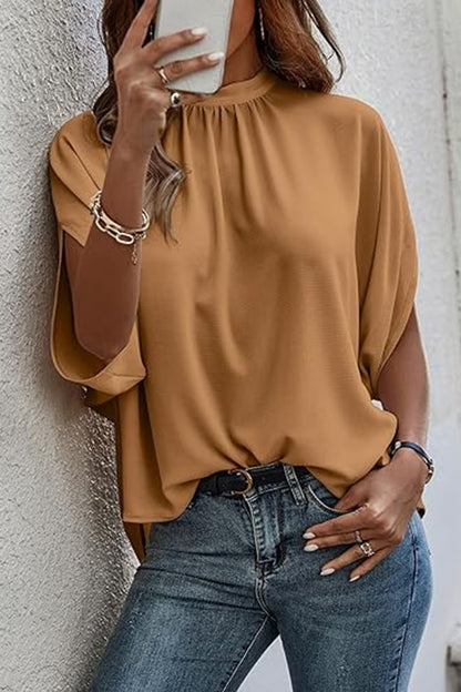 Tie Back Slit Half Sleeve Blouse Camel