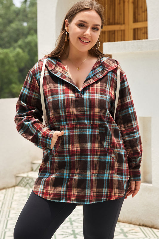 Fiery Red Plus Size Plaid Kangaroo Pocket Drawstring Hoodie Red 59%Polyester+41%Cotton