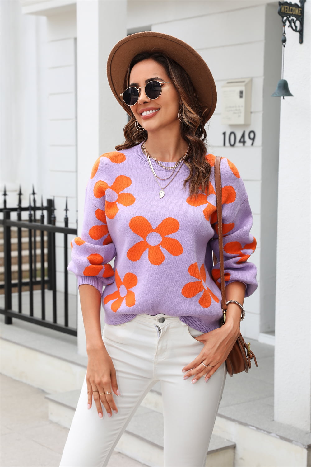 Floral Print Round Neck Dropped Shoulder Pullover Sweater Lavender