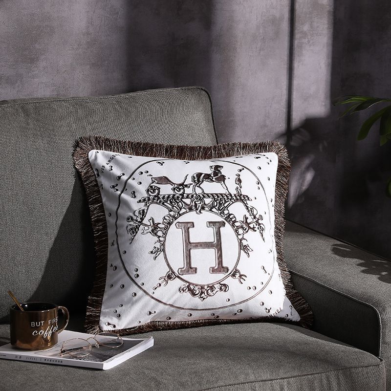 Double-sided Printed Fringe Pillow Sofa Cushion H white 45x45cm Excluding core