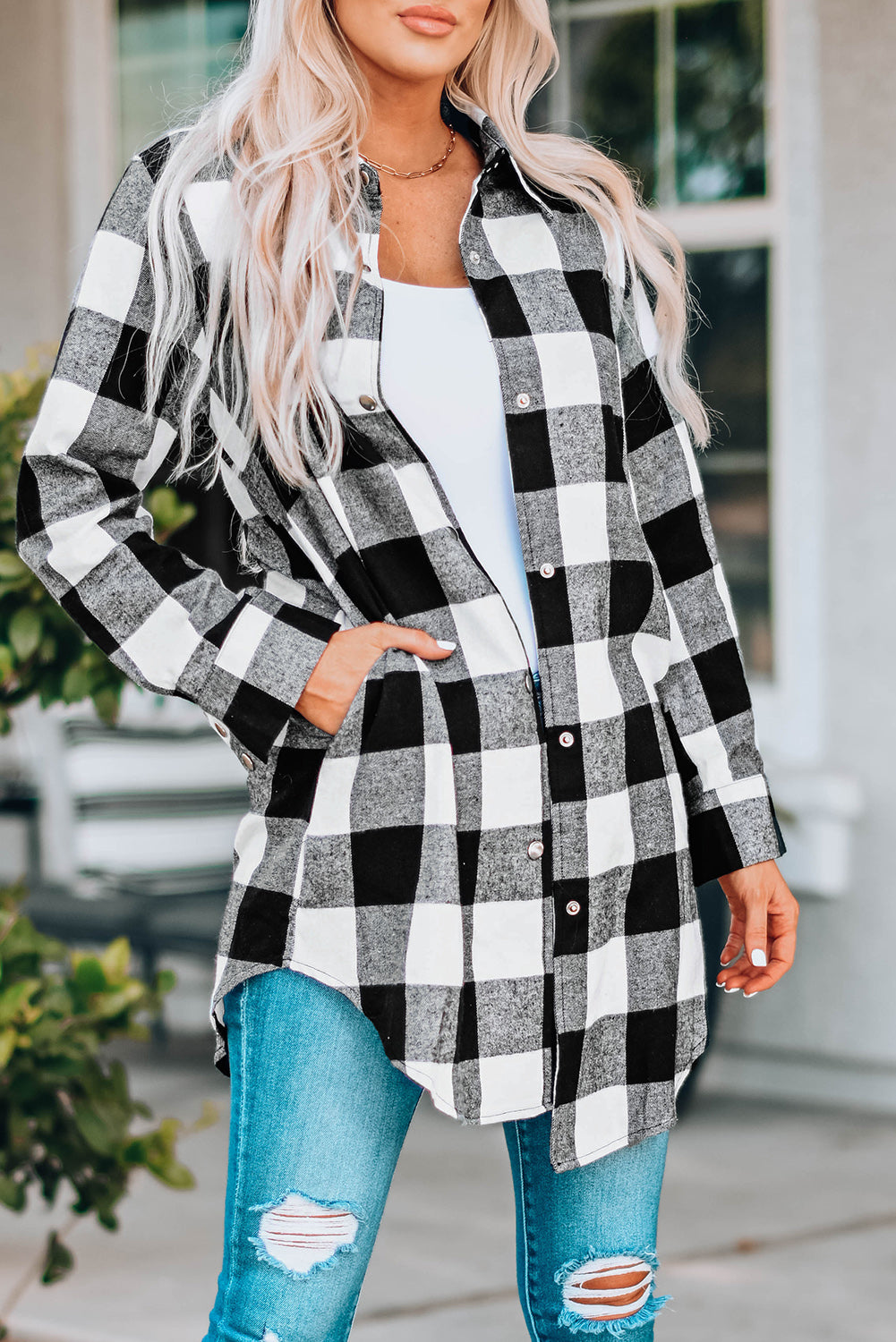 Women's Longline Plaid Shirt Coat with Turn-Down Collar | Classic British Style