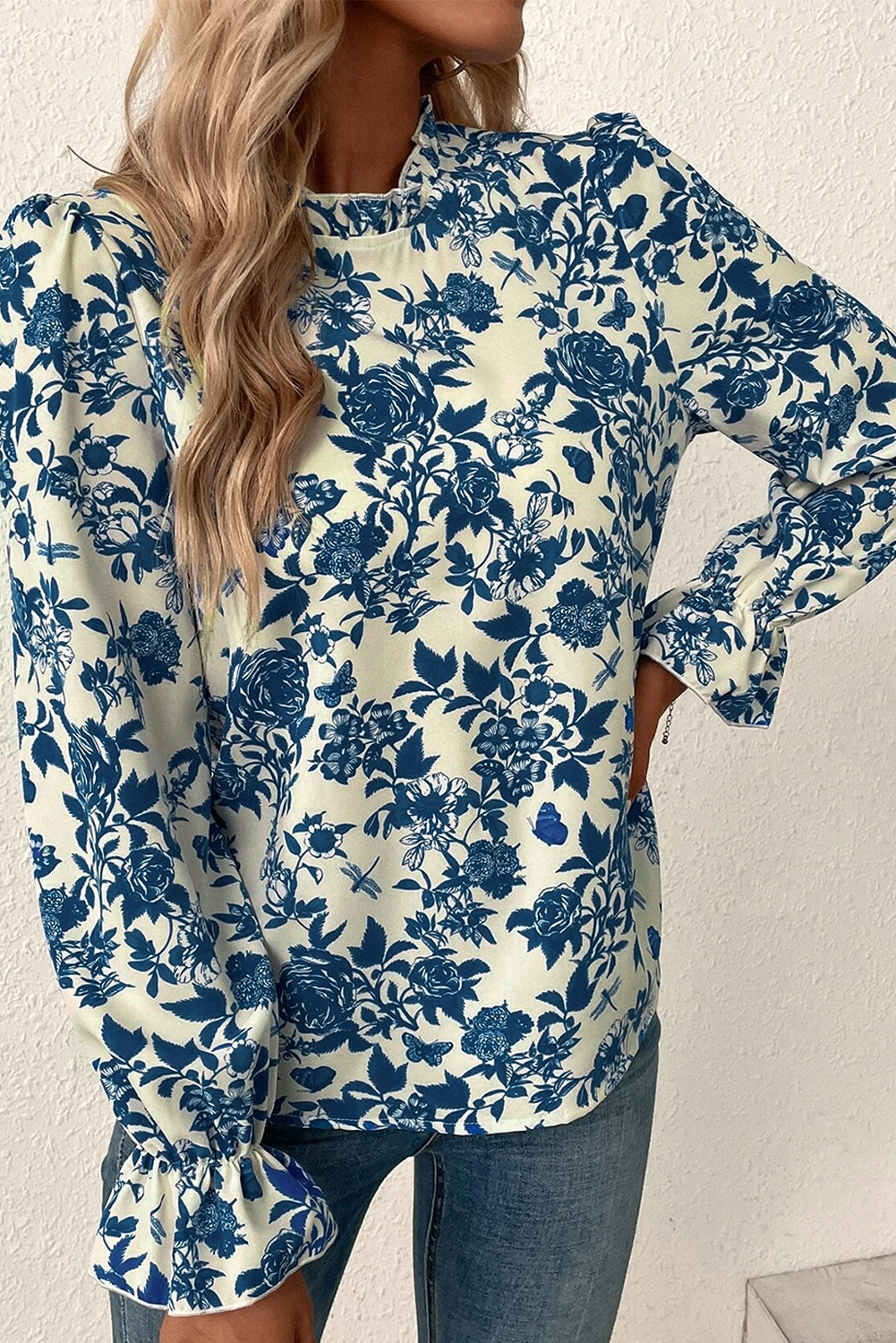 Sky Blue Floral Print Flounce Sleeve Keyhole Back Blouse