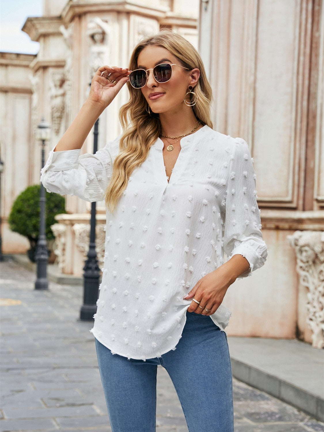 Swiss Dot Notched Neck Blouse White