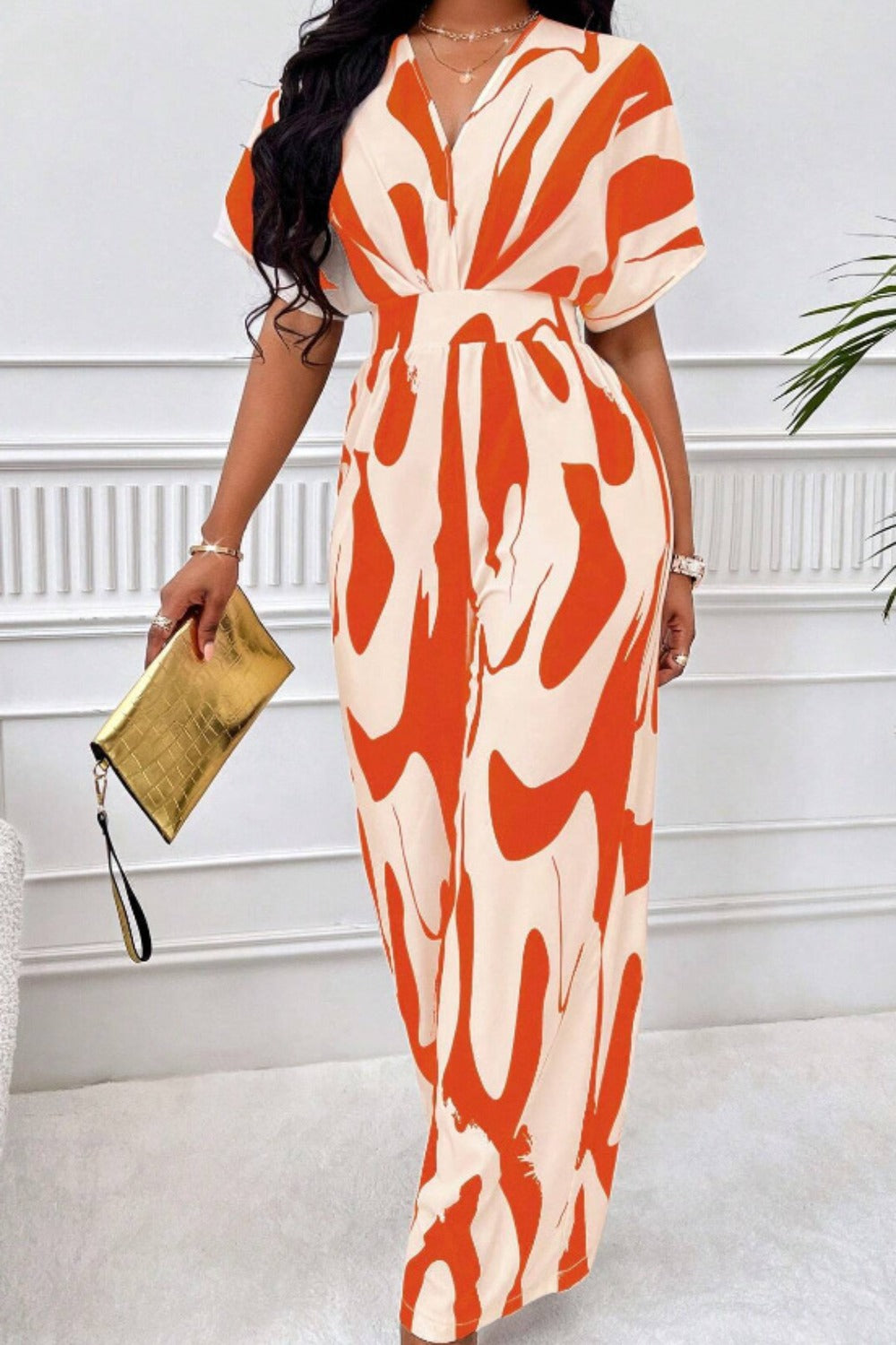 Printed V-Neck Short Sleeve Wide Leg Jumpsuit - Thandynie