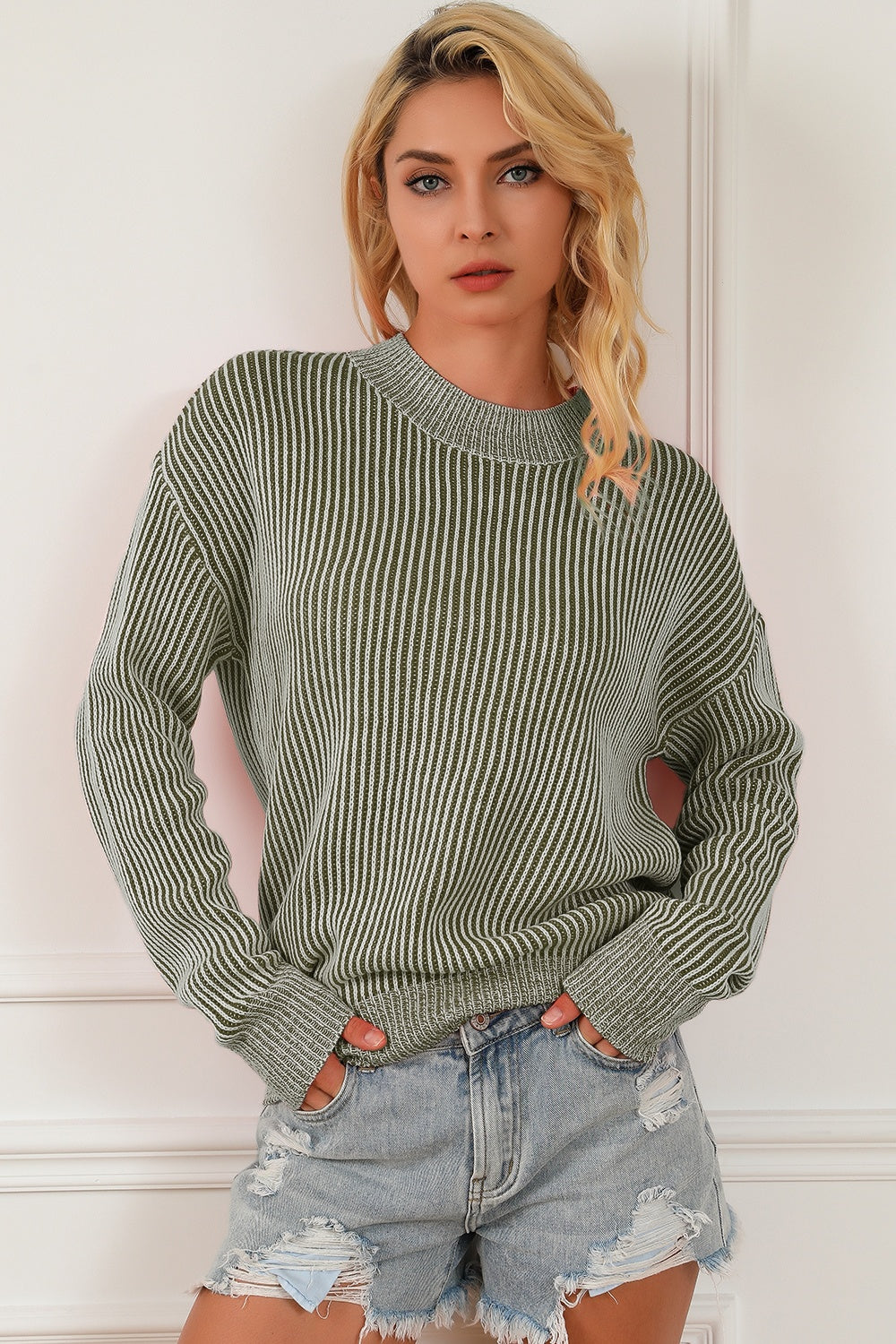 Striped Mock Neck Dropped Shoulder Sweater Sage