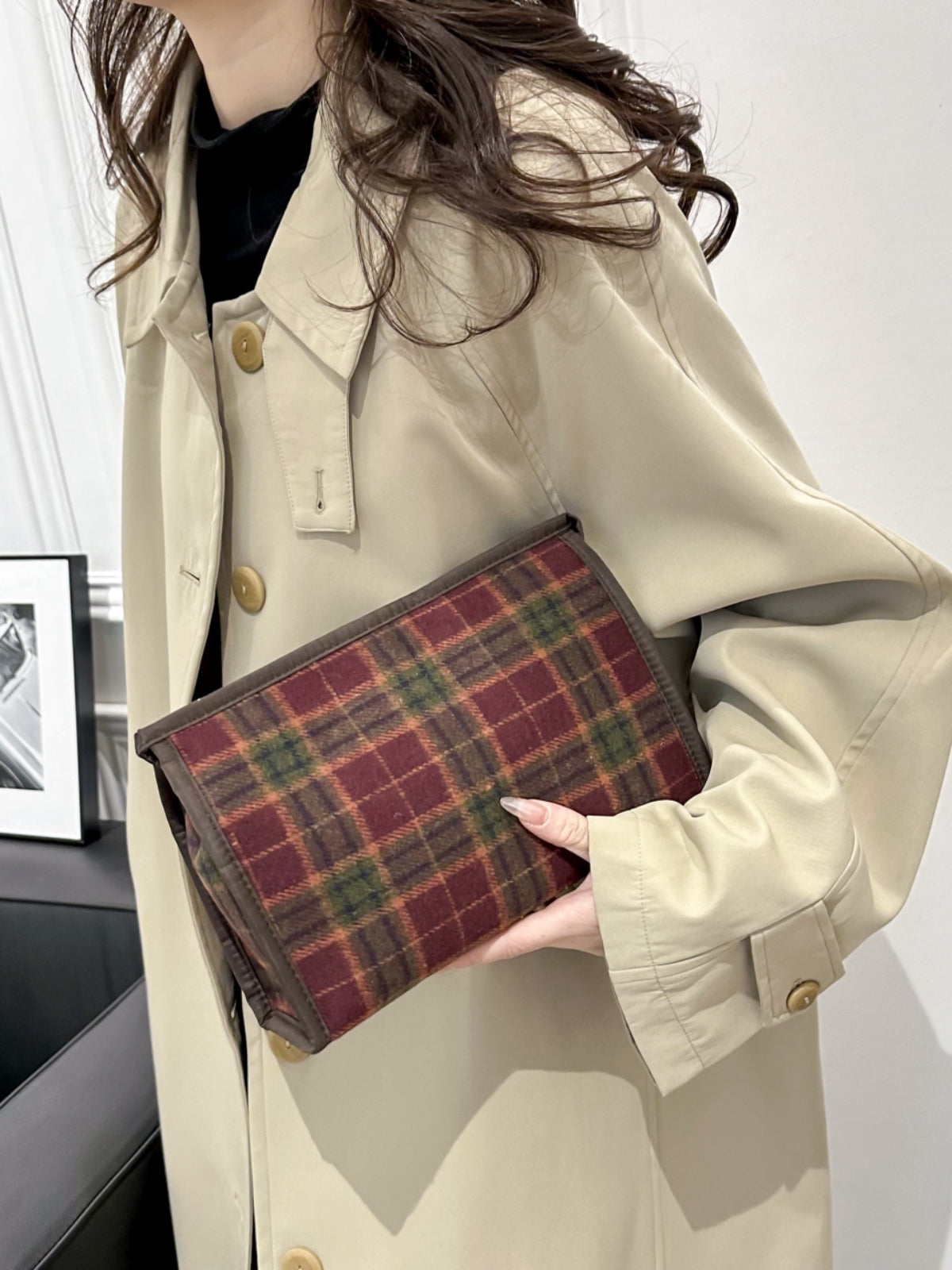 Contrast Plaid Clutch with Zipper Red (right angle) One Size