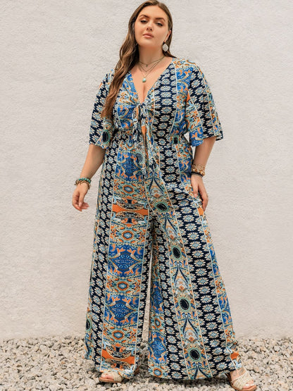 Plus Size Printed Half Sleeve Wide Leg Jumpsuit Peacock Blue