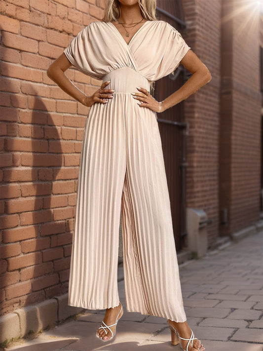 Perfee Pleated Short Sleeve Wide Leg Jumpsuit Apricot