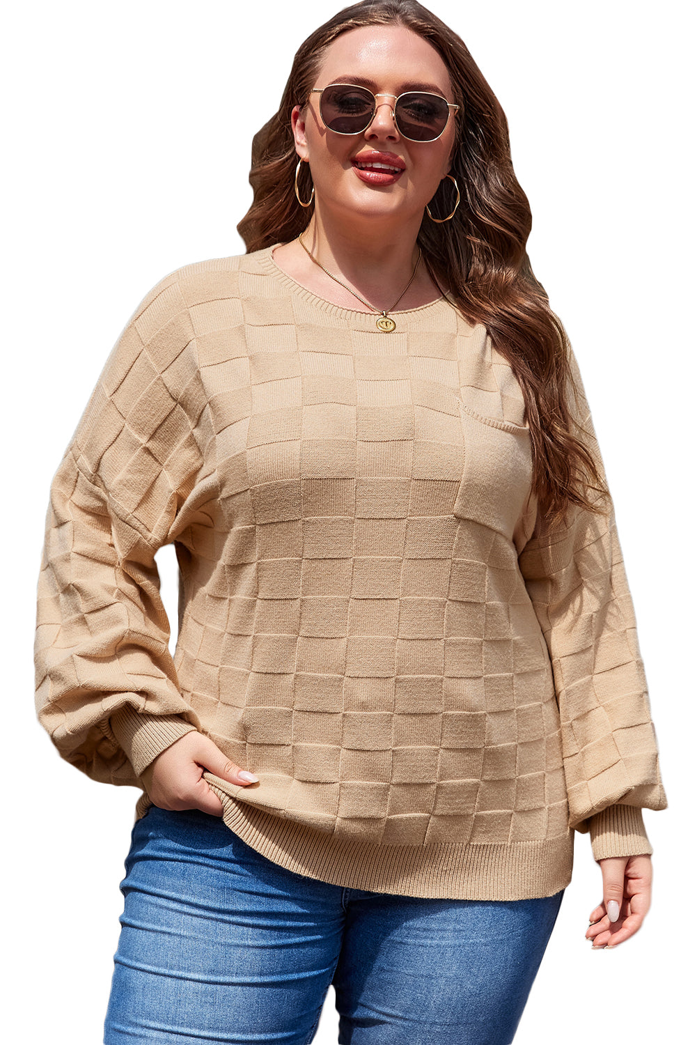 Light French Beige Solid Checkered Textured Knit Plus Size Sweater