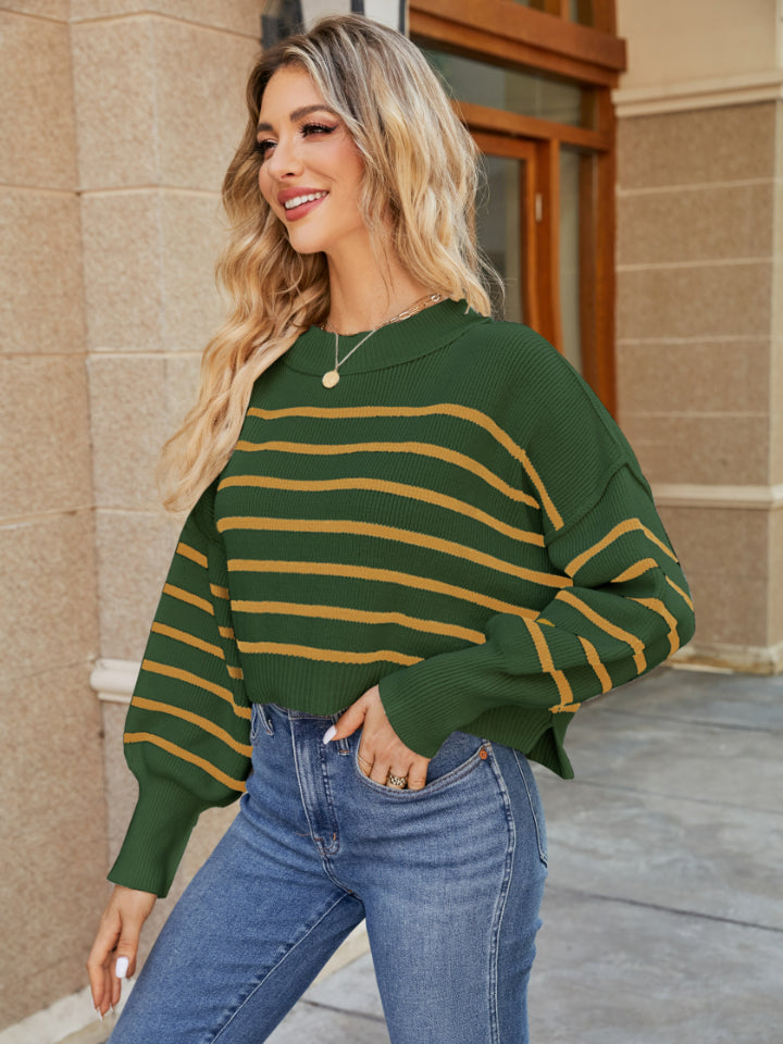 Round Neck Striped Lantern Sleeve Sweater Army Green