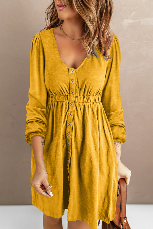 Yellow Button Up High Waist Long Sleeve Dress Yellow 95%Polyester+5%Elastane