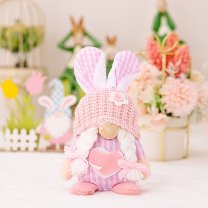 Easter Plaid Knitted Hat Faceless Doll with Rabbit Ears Blush Pink One Size