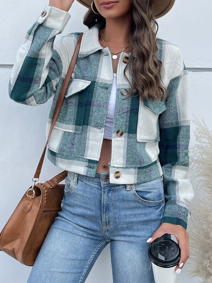 Plaid Button Up Drop Shoulder Cropped Jacket Green