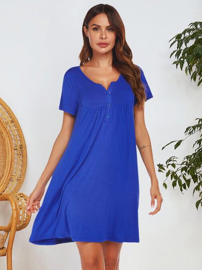 Notched Short Sleeve Mini Lounge Dress Royal Blue