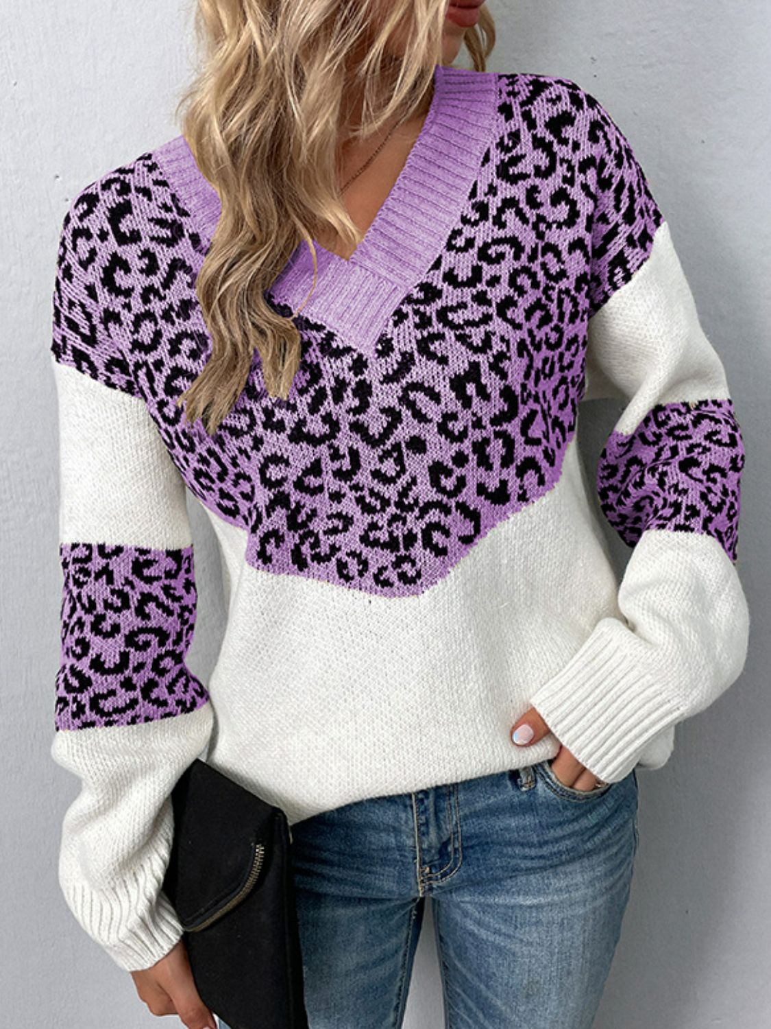 Leopard V-Neck Dropped Shoulder Sweater Lilac