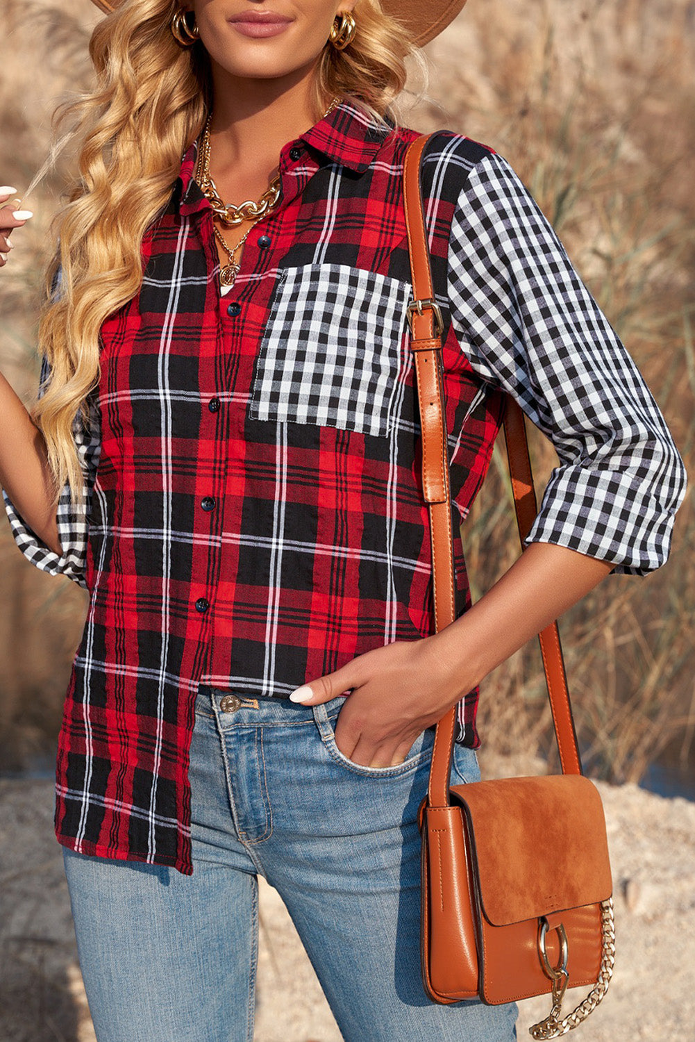 Plaid Button Up Long Sleeve Shirt Deep Red