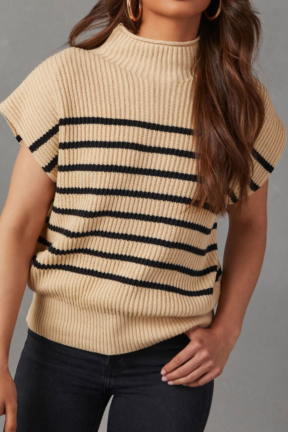 Striped Mock Neck Sweater Vest Khaki