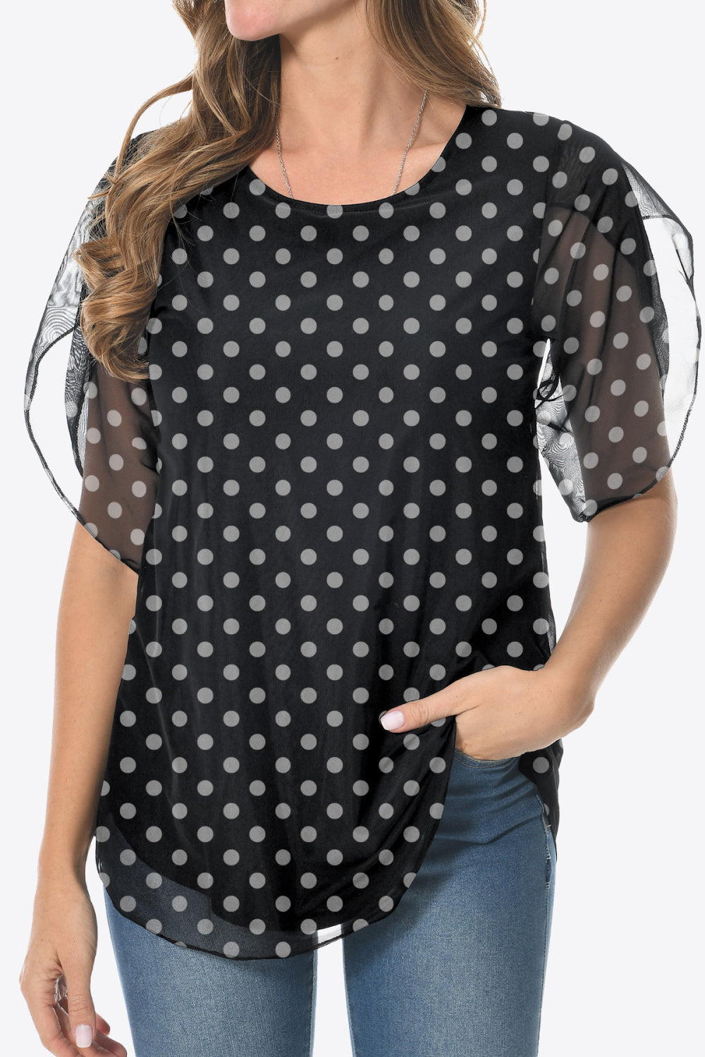 Printed Round Neck Curved Hem Blouse Black