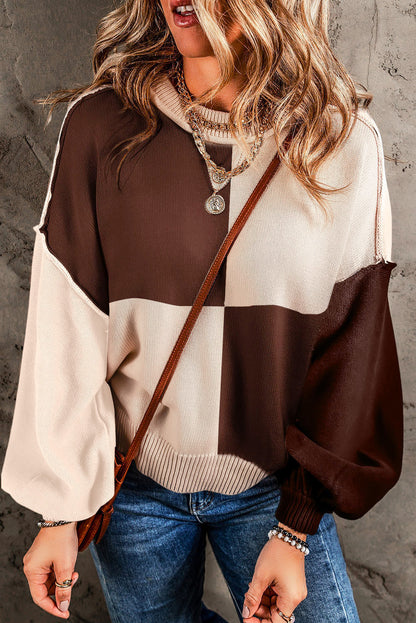 Color Block Exposed Seam Dropped Shoulder Sweater Brown