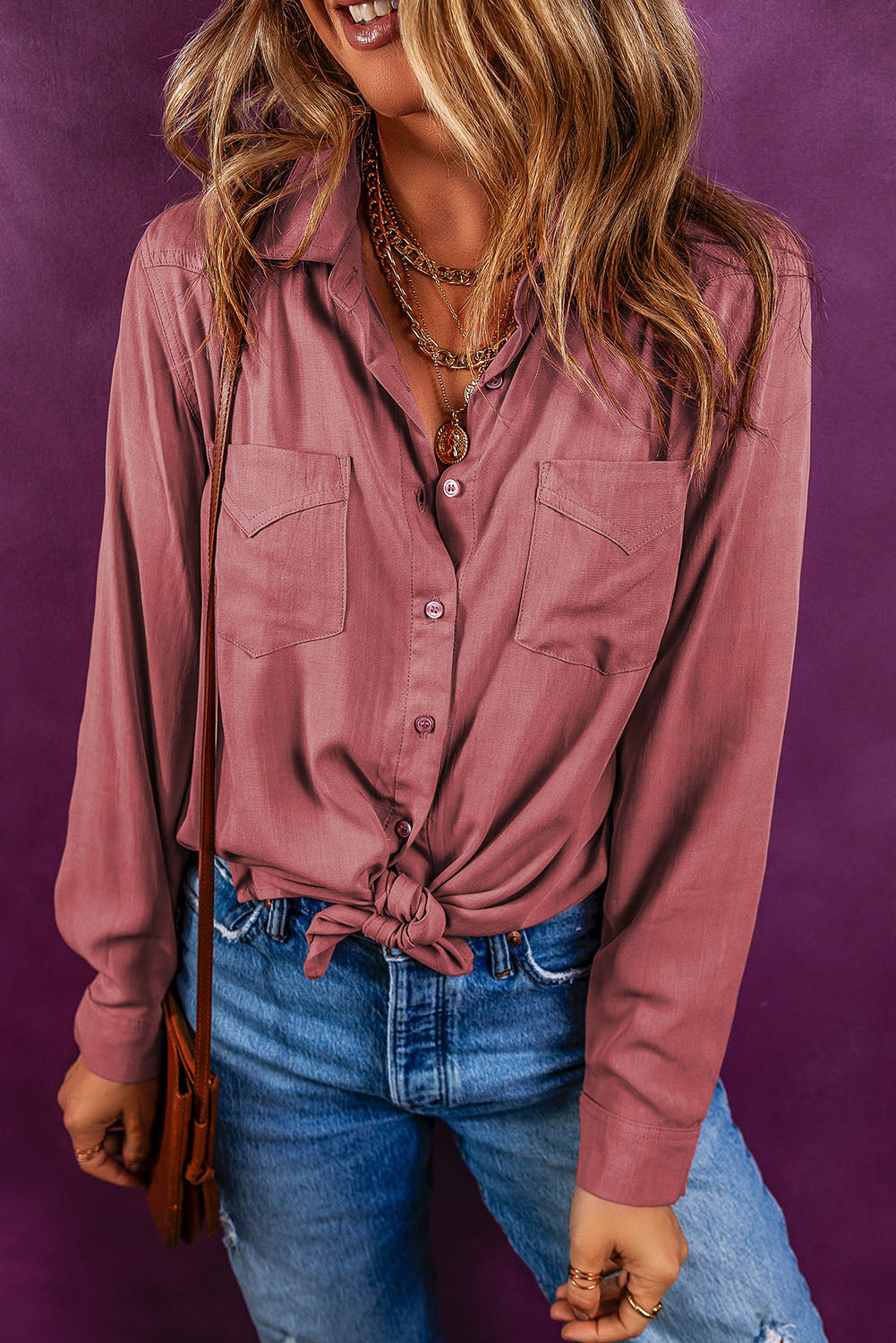 Collared Neck Button Up Shirt Burnt Coral