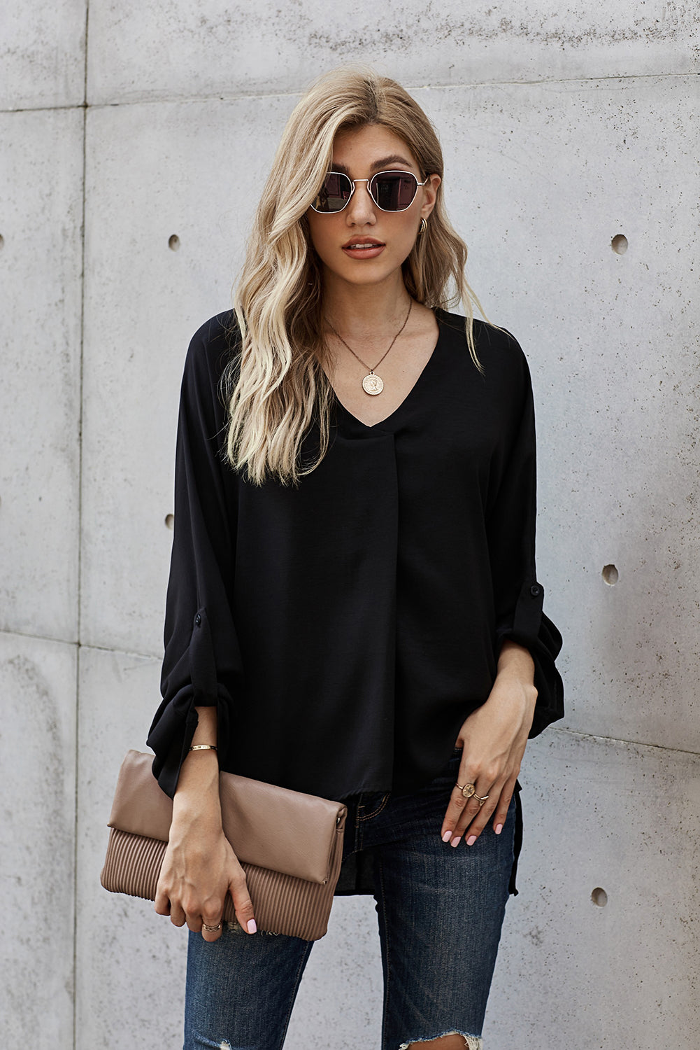 V-Neck Roll-Tab Sleeve Blouse Black