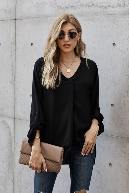 V-Neck Roll-Tab Sleeve Blouse Black