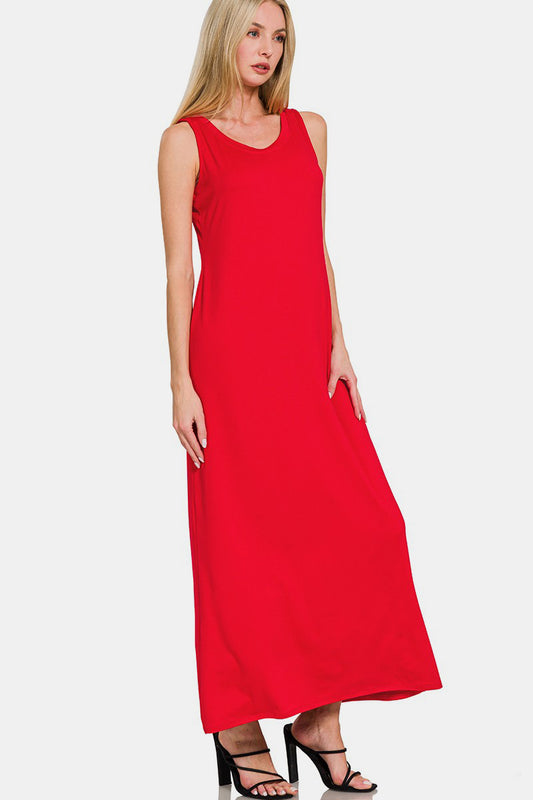 Zenana Scoop Neck Wide Strap Tank Dress Red