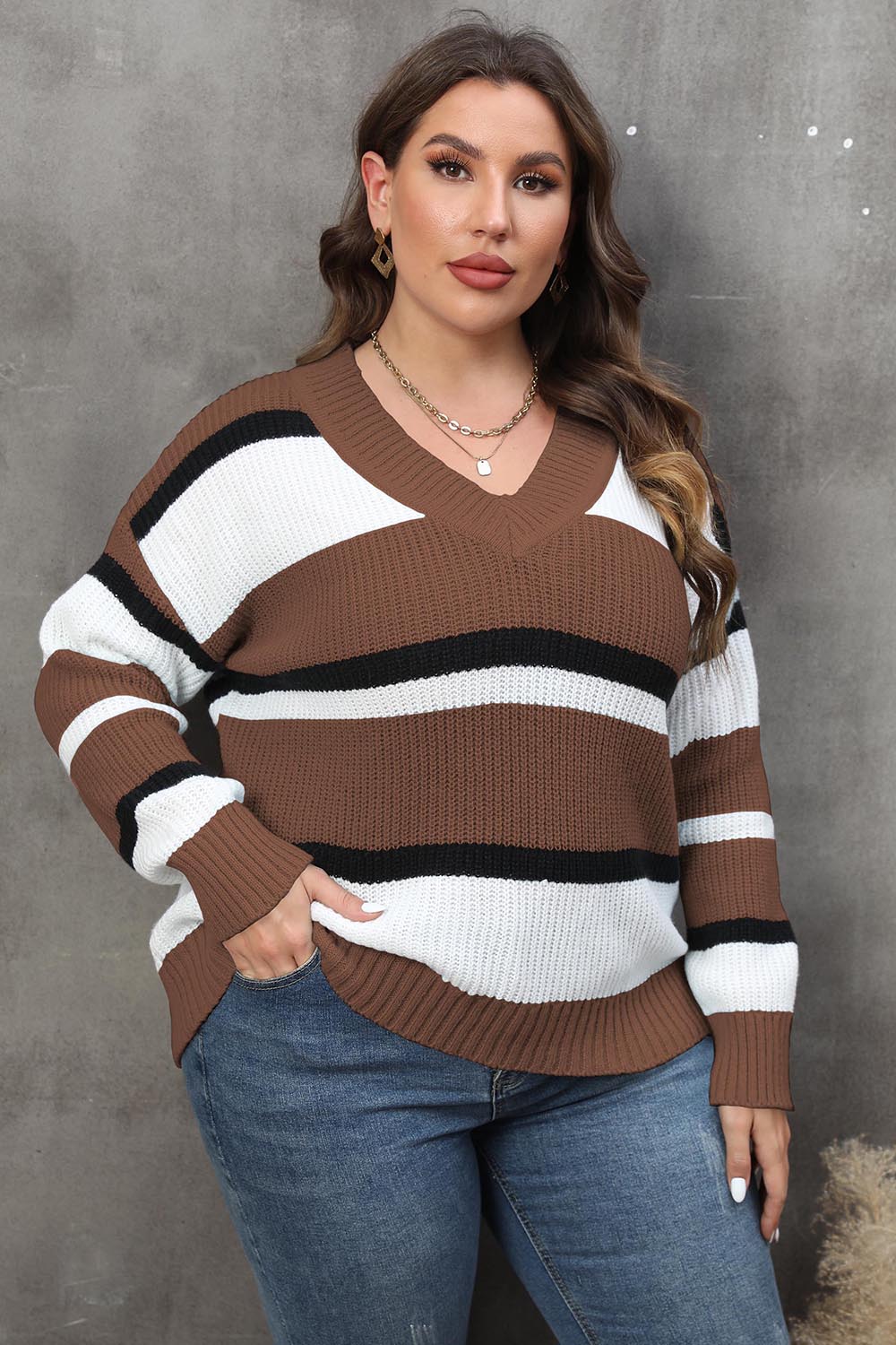 Plus Size Striped V-Neck Dropped Shoulder Sweater Chestnut