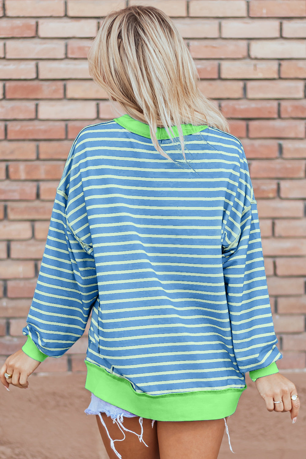 Sky Blue Stripe Contrast Trim High Low Pullover Tunic Sweatshirt Sky Blue Stripe 70%Polyester+25%Cotton+5%Elastane