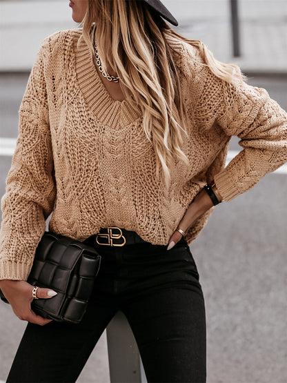 V-Neck Cable-Knit Long Sleeve Sweater Khaki