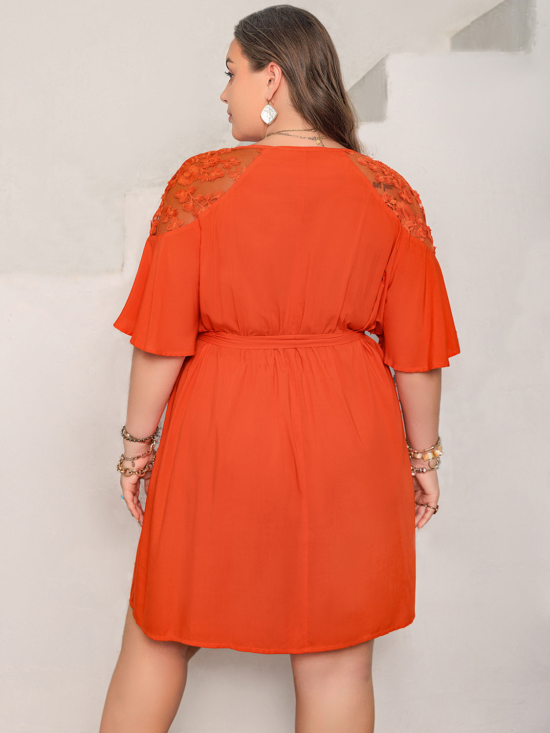 Plus Size Lace Button Up Half Sleeve Dress - Thandynie