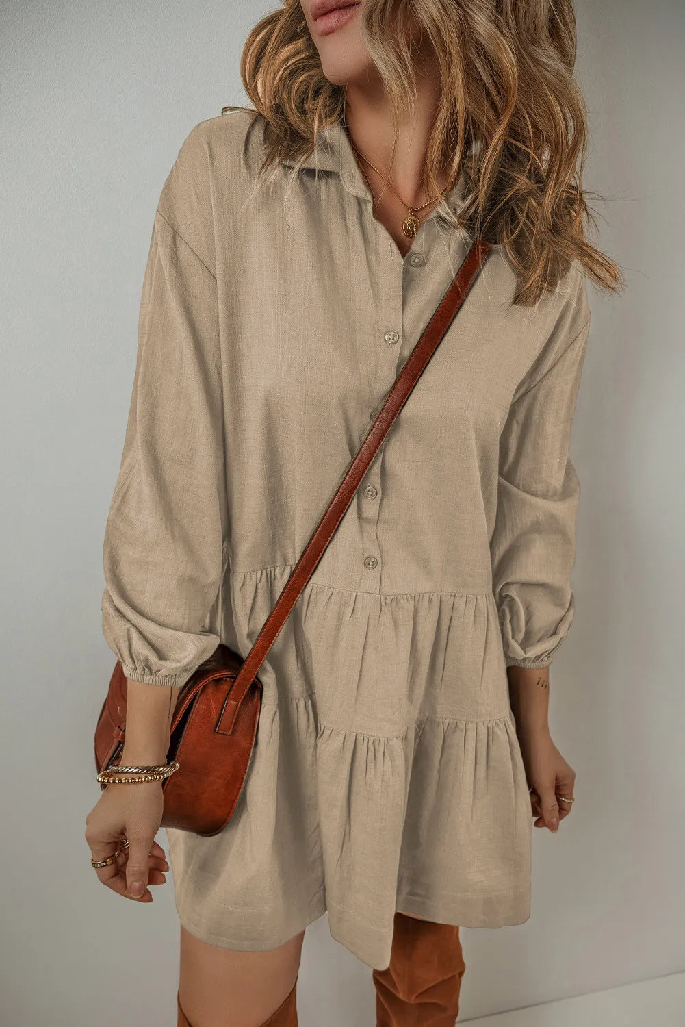 Tiered Half Button Balloon Sleeve Dress Khaki