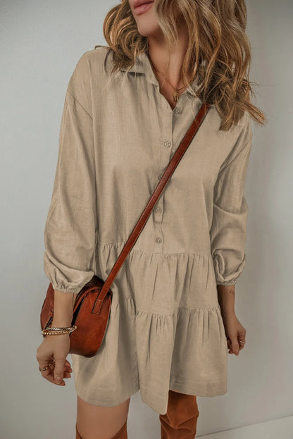 Tiered Half Button Balloon Sleeve Dress Khaki