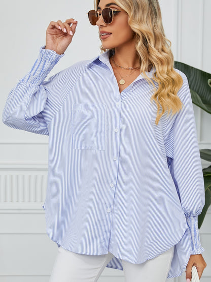 Striped Button Up Smocked Long Sleeve Shirt