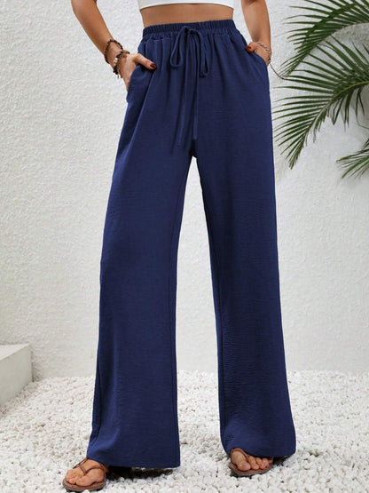 Wide Leg Drawstring Pants Dark Blue