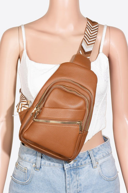 Fame PU Leather Chevron Strap Crossbody Bag Caramel One Size