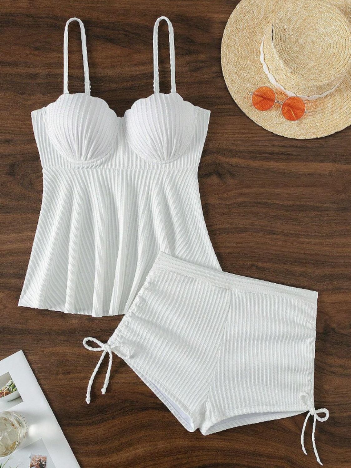 Textured Drawstring Spaghetti Strap Two-Piece Swim Set - Thandynie