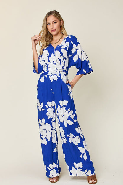 Double Take Full Size Printed Tie Back Wide Leg Jumpsuit Royal Blue