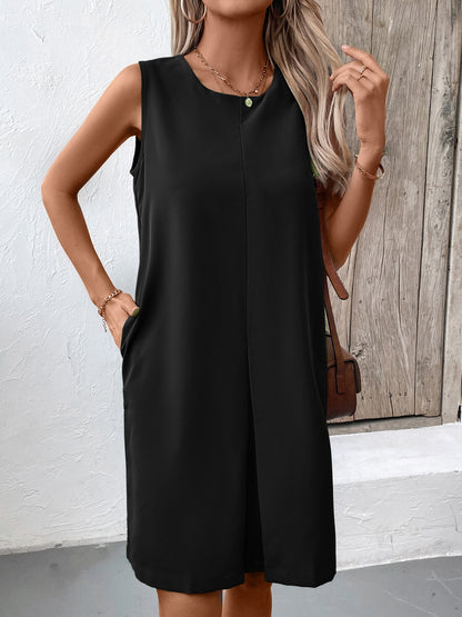 Pocketed Round Neck Sleeveless Mini Dress Black