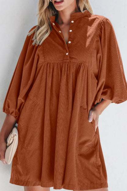 Corduroy Quarter Snap Three-Quarter Sleeve Dress Brown